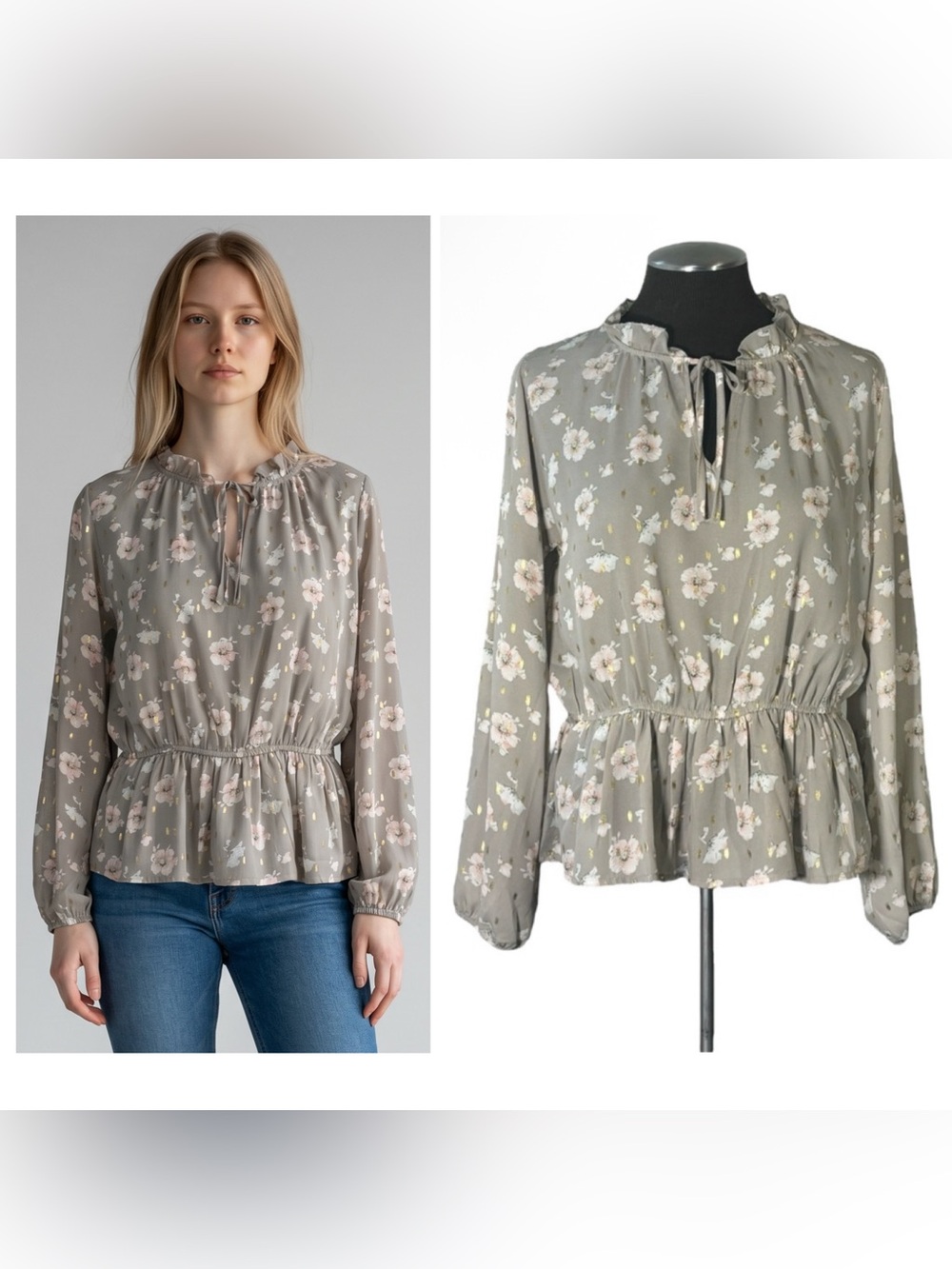 🆕 Jon & Anna Contemporary – Floral Long Sleeve Split Neck Blouse – Small